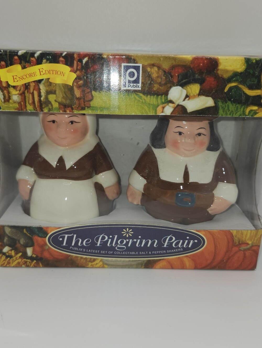 Vintage 2002 Publix The Pilgrim Pair Salt & Pepper Shakers Encore Edition NIB